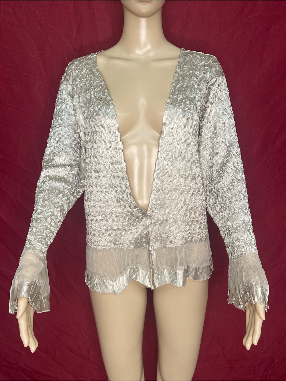 Komarov Textured V Neck Ruffle Cardigan Sheer Bell Sleeve 2X NWOT